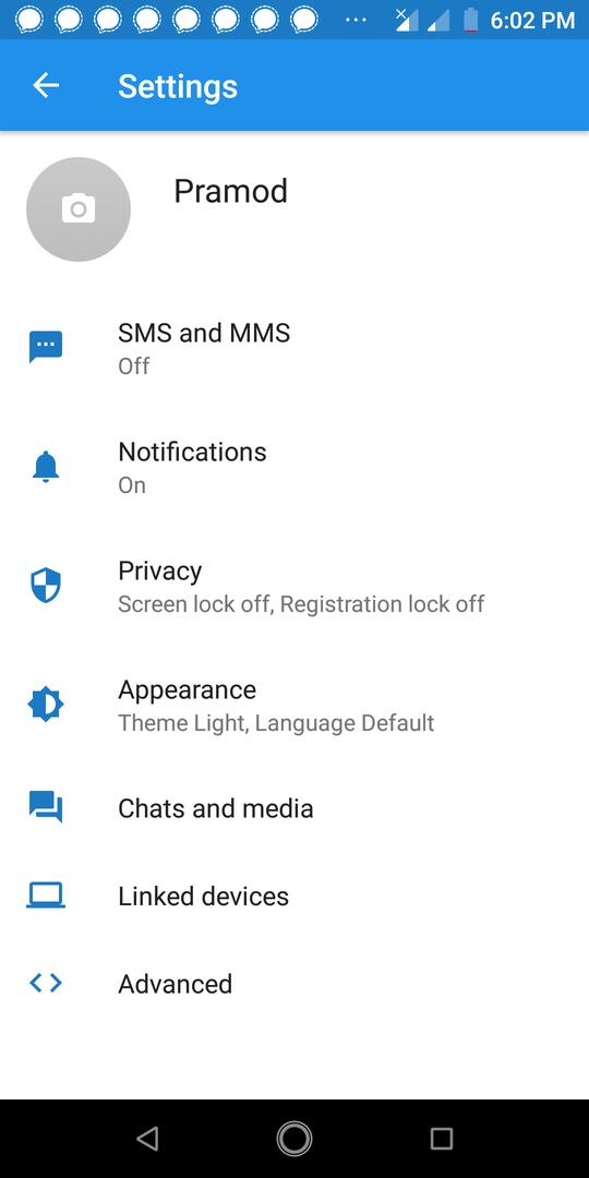 Signal app settings